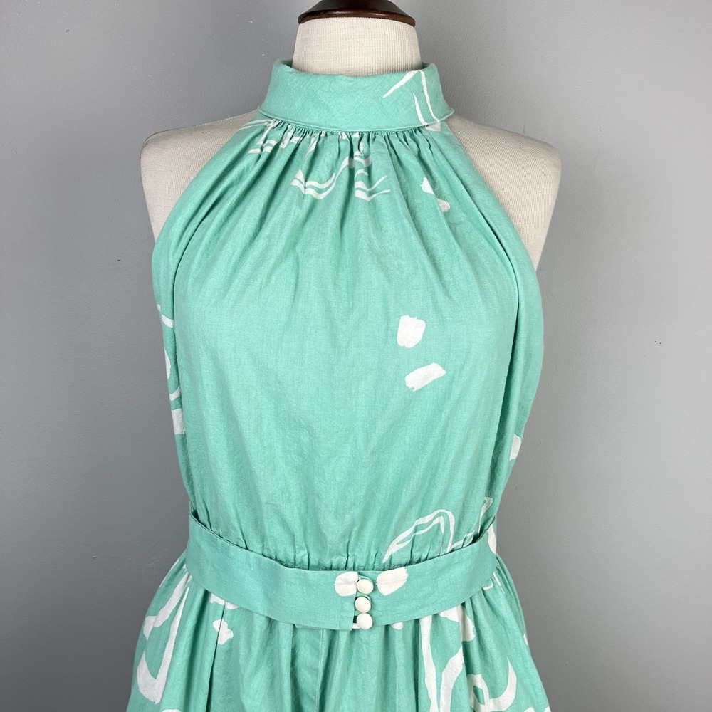 Vintage 80s Lanz Originals Halter Dress Womens 14 Aqua Green Belted Cotton - Picture 5 of 9
